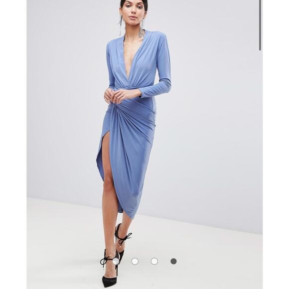 Zack Tall High Leg Slit Dress Asymmetrical Deep V Light Blue Wedding Guest 8 - Picture 4 of 11